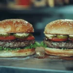 Two delicious halal burgers with fresh ingredients on a wooden surface.