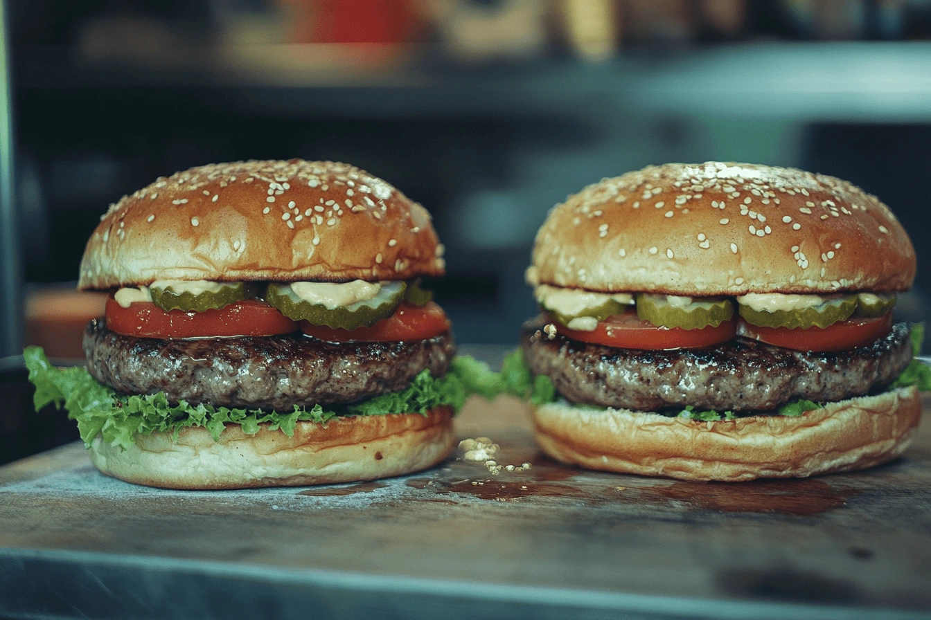 Two delicious halal burgers with fresh ingredients on a wooden surface.