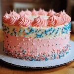 A gender reveal cake decorated with pink and white frosting, topped with pink swirls, and adorned with blue and pink sprinkles.