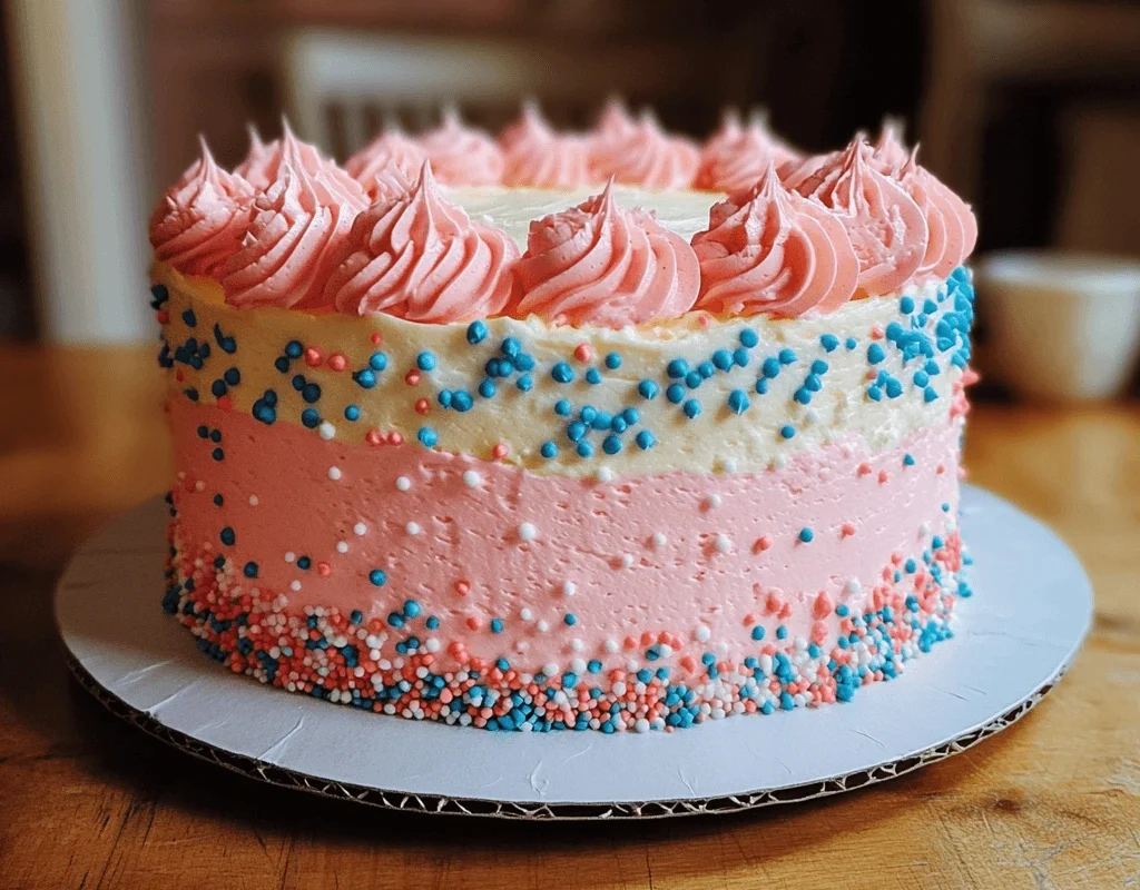 A gender reveal cake decorated with pink and white frosting, topped with pink swirls, and adorned with blue and pink sprinkles.
